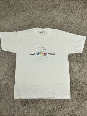 Disney White Tee with Classic Mickey Tag and Colorful Logo